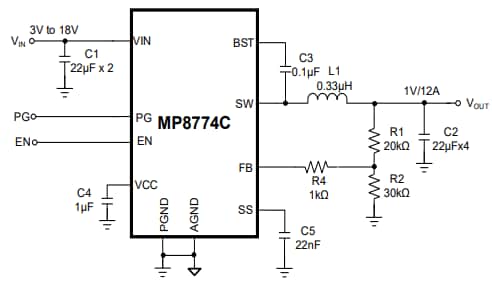 Application Circuit Diagram - Monolithic Power Systems (MPS) MP8774C Switching Voltage Regulators